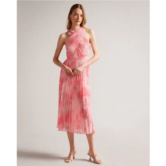 Ted Baker 'Mirelia' Cross Front Pleated Midi Dress - Coral - Picture 2 of 16